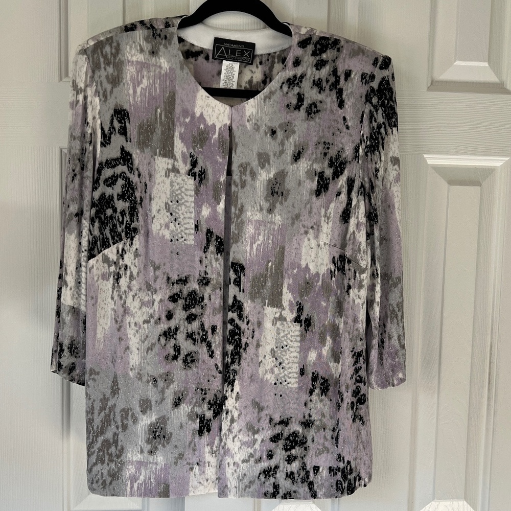 Alex Evenings Jacket Tank Top Set Womens 1X Purple White Black Sparkle 2 Pc USA